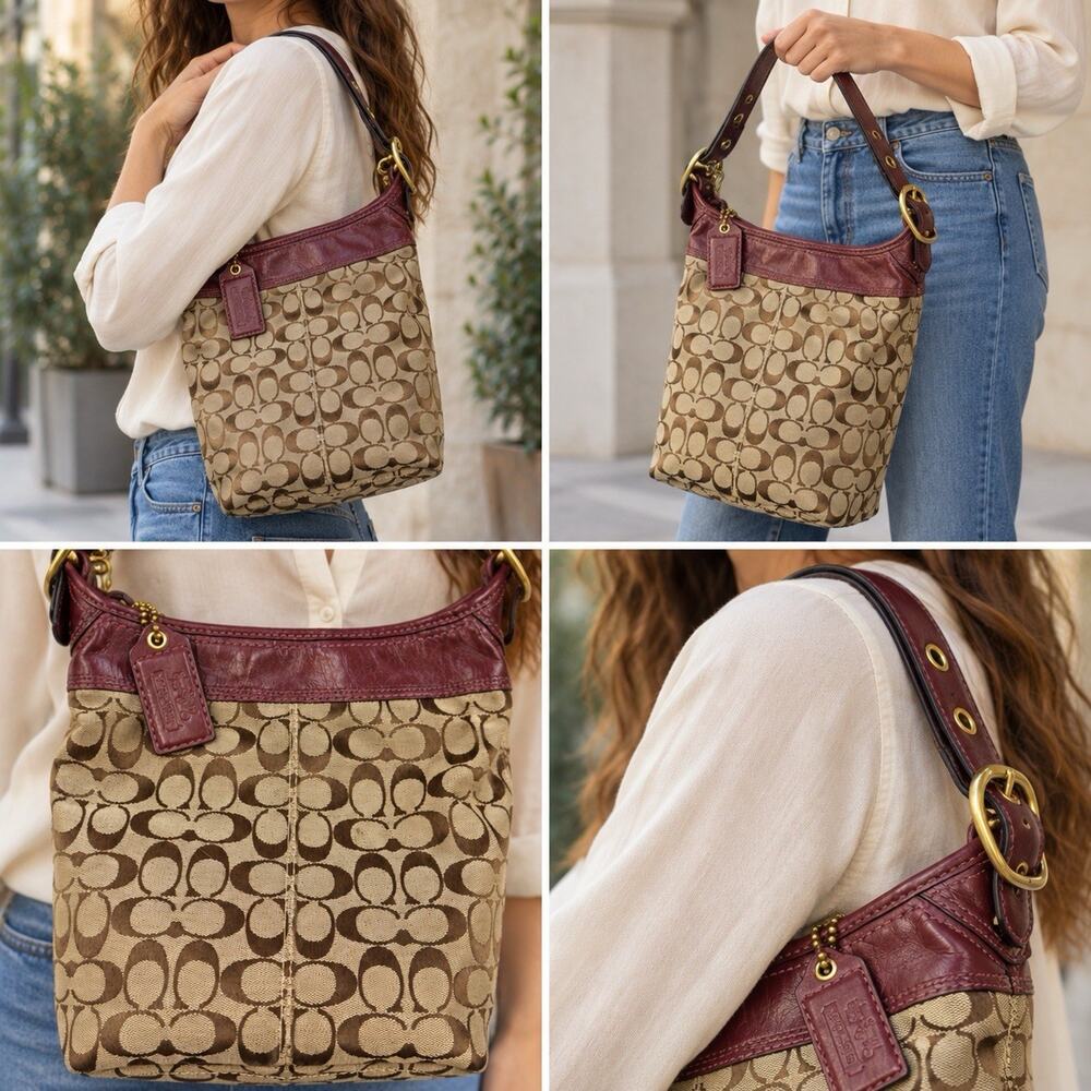 Coach Bleecker 11437 Signature Canvas Burgundy Leather Shoulder Bucket Bag